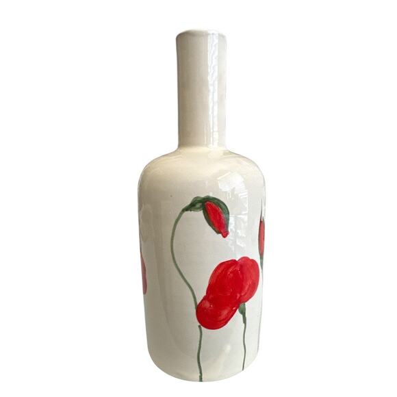 Hand Painted Poppies Signed Italian Pottery Long Neck Bottle L Bai - Picture 2 of 9